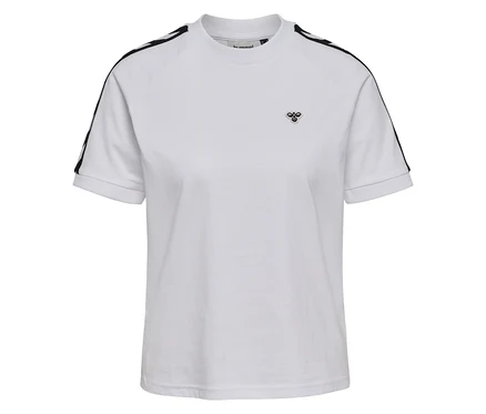 Weißes hummel® Damen-T-Shirt mit schwarzen Streifen auf den Schultern und dem hummel® Logo auf der Brust.