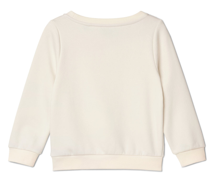 Ein cremefarbener Pullover mit langen Ärmeln, von hinten gesehen.