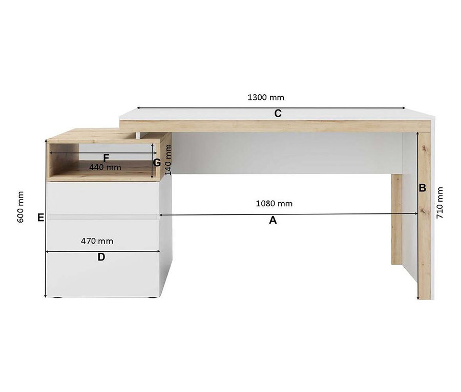 Abbildung eines Schreibtisches mit Schubladen und Maßangaben.