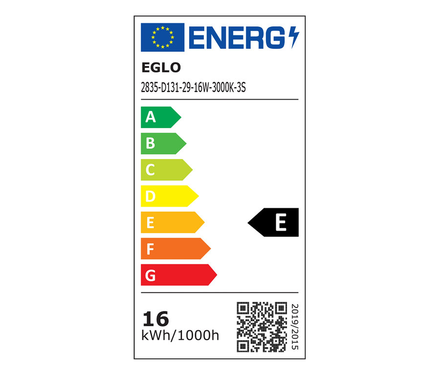 EGLO 2835-D131-29-16W-3000K-3S Energielabel mit der Energieeffizienzklasse E.