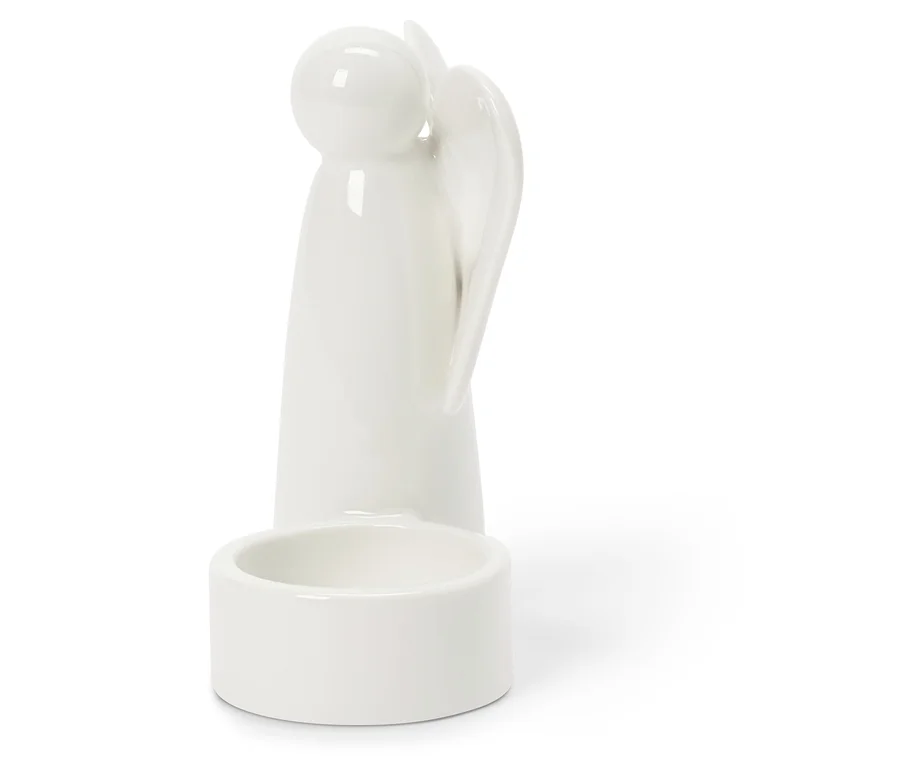 Weiße Keramik-Engelfigur mit minimalistischem Design, rundem Kopf, Flügeln und einer kleinen, runden Schale an der Basis.