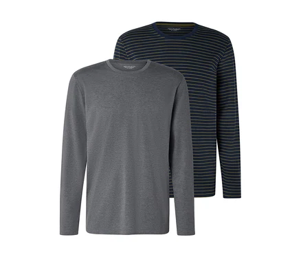 Zwei Langarmshirts: eines in Dunkelgrau und eines dunkelblau mit dünnen olivgrünen Streifen.