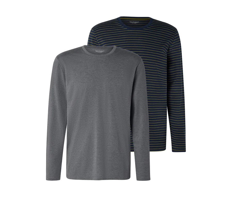 Zwei Langarmshirts: eines in Dunkelgrau und eines dunkelblau mit dünnen olivgrünen Streifen.