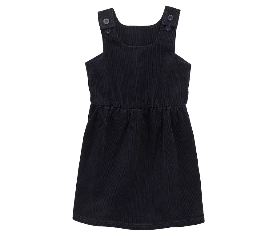 Dunkelblaues Cord-Trägerkleid mit Knöpfen an den Schultern und elastischer Taille.