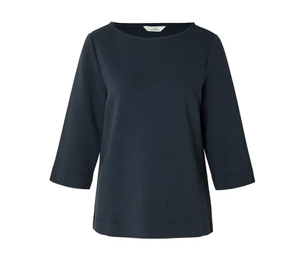 Dunkelblaues, strukturiertes Shirt mit U-Boot-Ausschnitt und Dreiviertelärmeln.