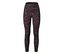 Eine schwarze Leggings mit hohem Bund und einem Muster aus rosa und grauen Flecken ist zu sehen.