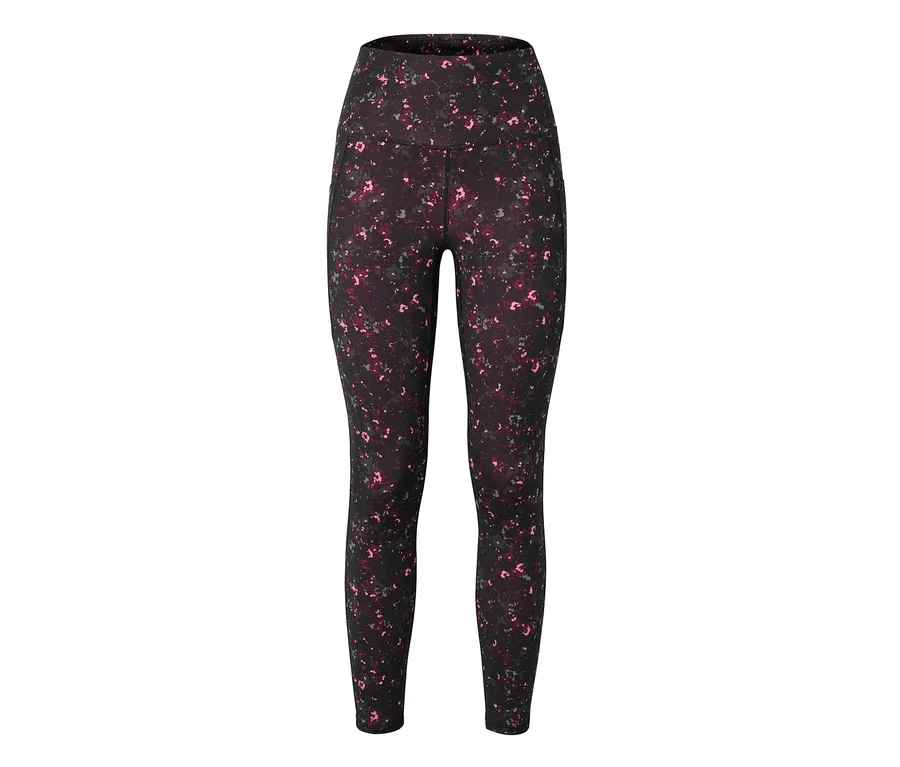 Eine schwarze Leggings mit hohem Bund und einem Muster aus rosa und grauen Flecken ist zu sehen.