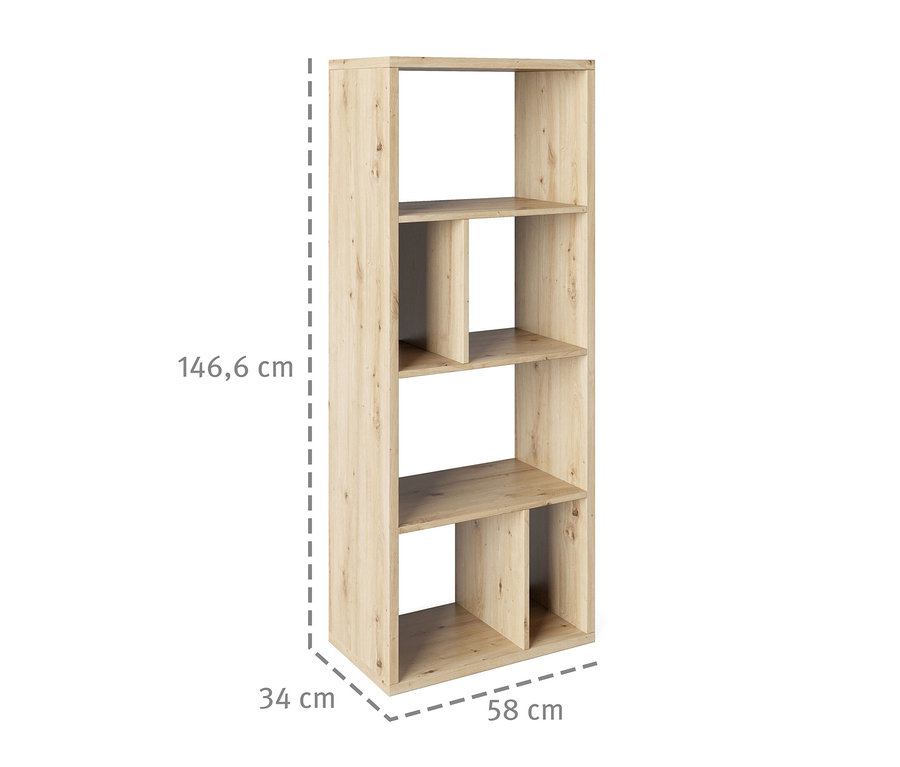 Das Roba Regal »Fortuna« mit 6 Fächern in Artisan-Eichenoptik ist abgebildet. Es hat eine Höhe von 146,6 cm, eine Breite von 58 cm und eine Tiefe von 34 cm.