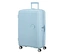 Großer, pastellblauer American Tourister Soundbox Hartschalen-Koffer mit Spinner-Rädern und Teleskopgriff.