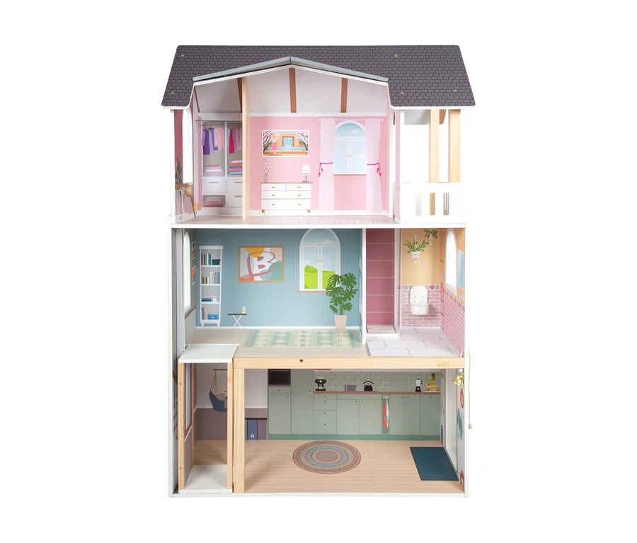 Dreistöckiges small foot Puppenhaus »Traumvilla XL« mit mehreren Zimmern und Möbeln.
