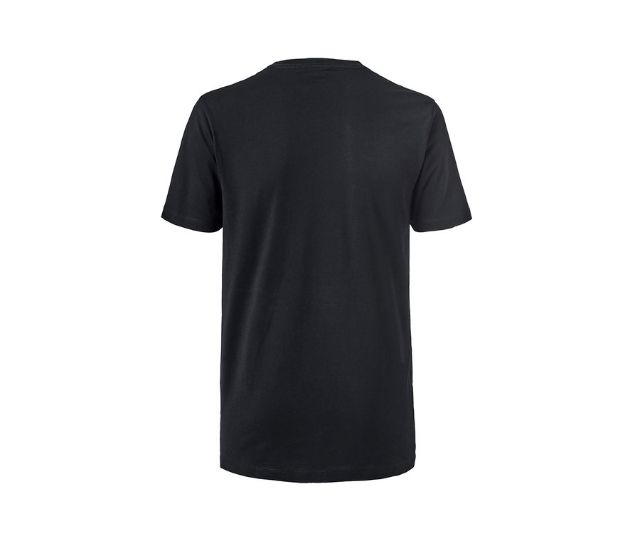 Detailaufnahme eines schwarzen T-Shirts mit V-Ausschnitt und kurzen Ärmeln.