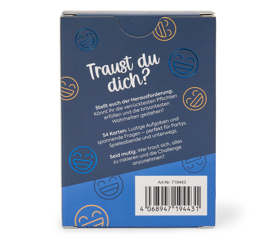Blauer Spielekarton mit Text und Emoticons.