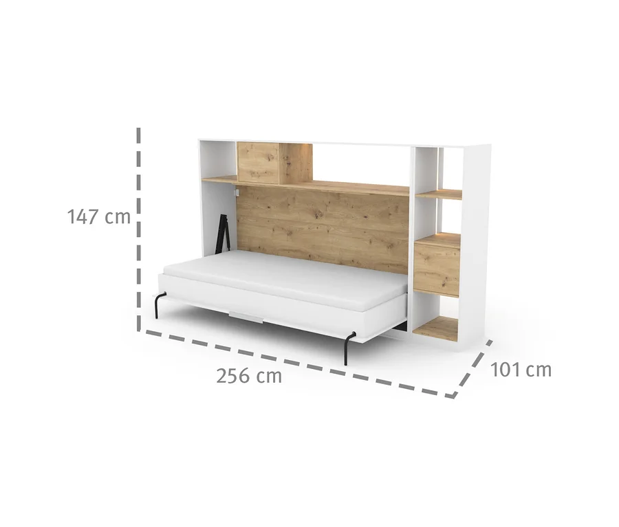 Roba Wandklappbett »Verso«, 90 x 200, in Weiß mit Holzdekor, ausgeklappt mit integriertem Regal. Maße: 147 cm hoch, 256 cm breit, 101 cm tief.