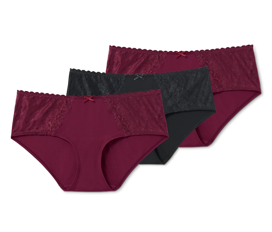Drei Pantys, zwei in Burgunderrot mit Spitze, eine in Schwarz.