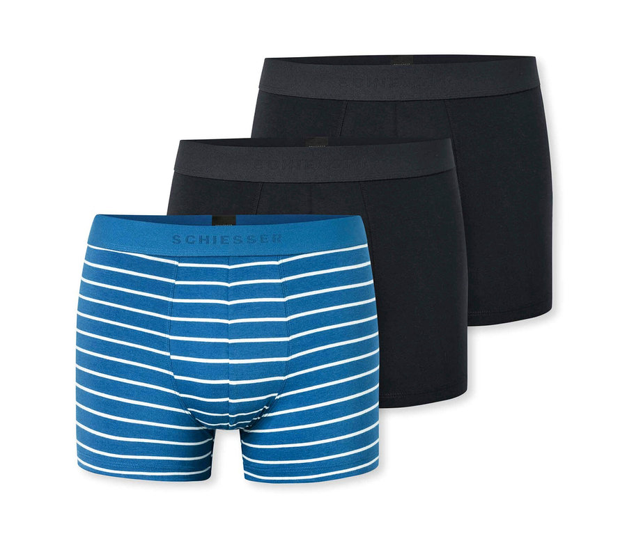 Drei SCHIESSER Slipboxer, blau-weiß gestreift und schwarz.