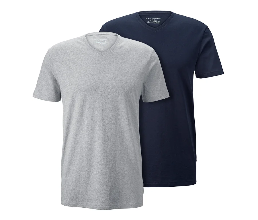 Zwei T-Shirts mit V-Ausschnitt, eines grau und eines marineblau. 2 T-Shirts mit V-Ausschnitt.