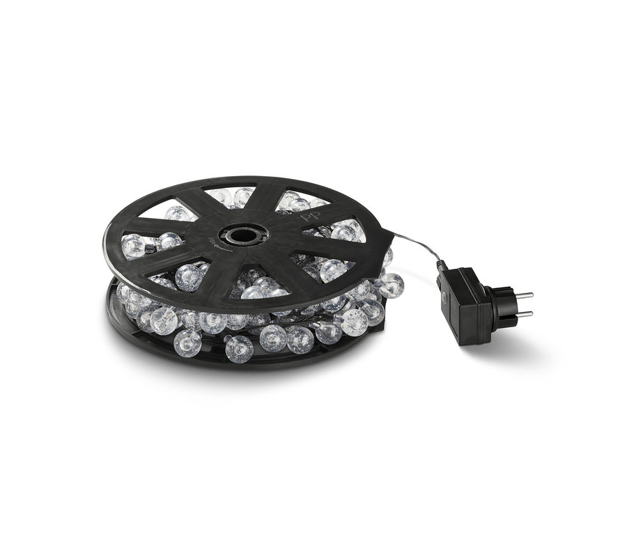 Eine schwarze Spule mit einer LED-Outdoor-Lichterkette.