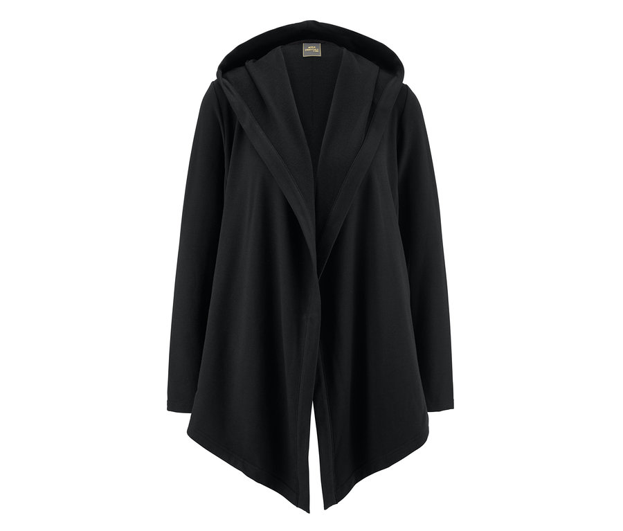 Schwarze Sweatjacke mit Kapuze.