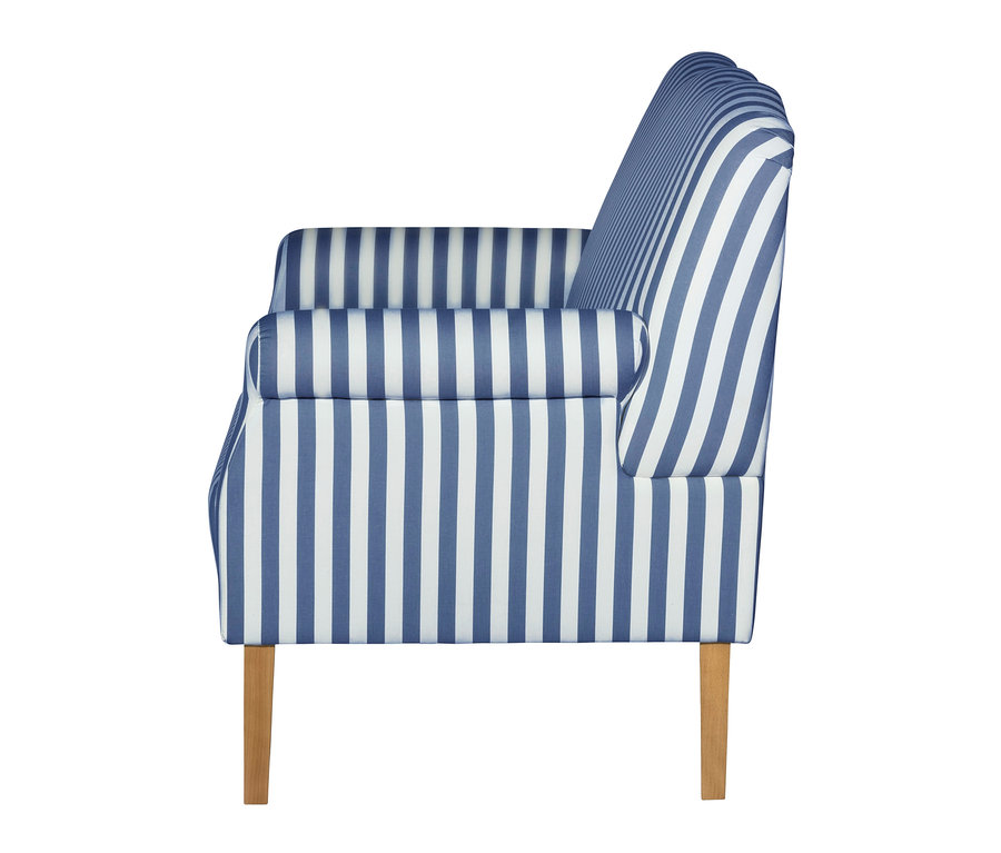 Seitenansicht des maritimen Küchensofas »Juuma« mit blau-weißen Streifen.