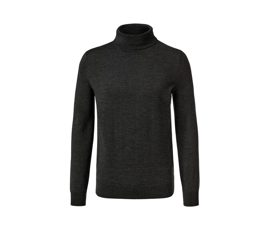 Ein anthrazitfarbener Merino-Pullover mit Rollkragen.