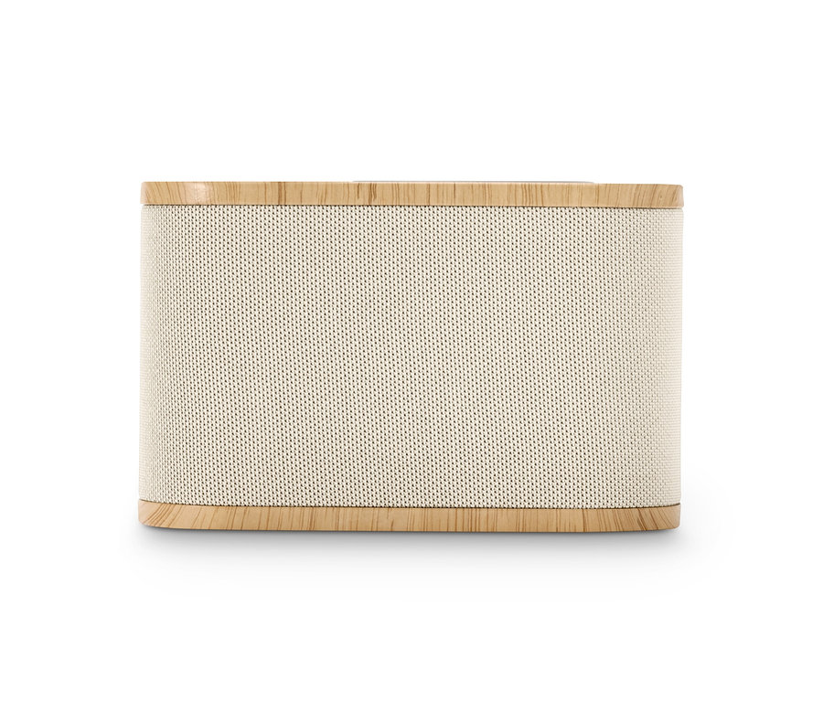 Ein weißer Bluetooth®-Wecker mit kabelloser Ladefunktion.