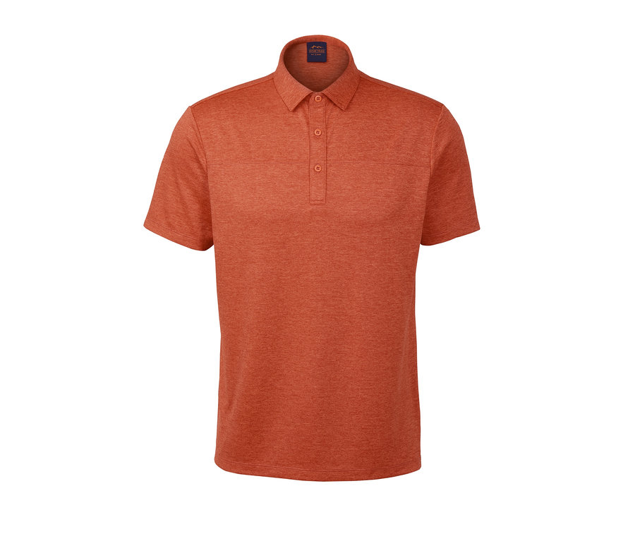 Orangefarbenes Funktions-Poloshirt mit kurzen Ärmeln.