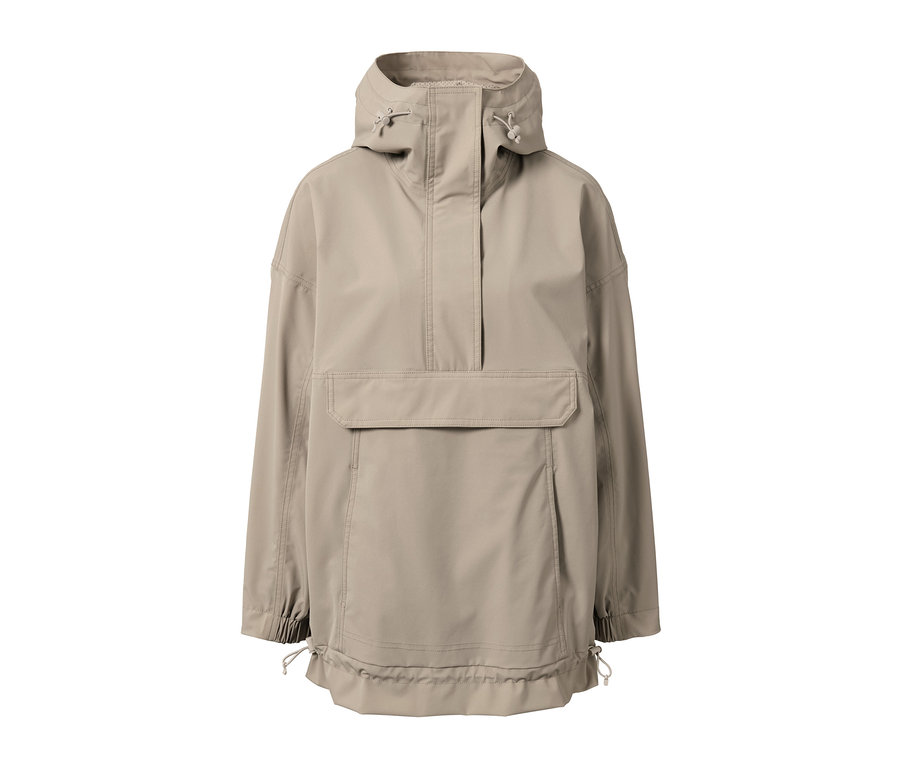 Beige Oversized-Funktionsregenjacke mit Kapuze und Brusttasche.