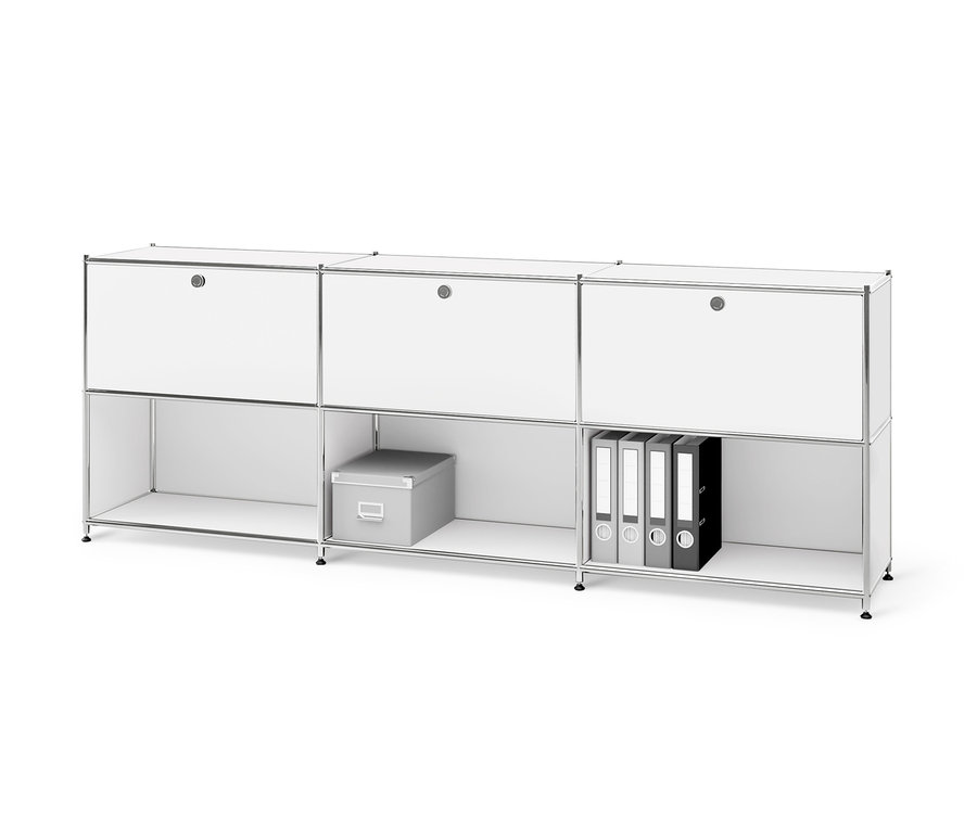 Weißes Sideboard Metall »CN3« mit 3 versetzbaren Klappenfächern und Aufbewahrungsbox.