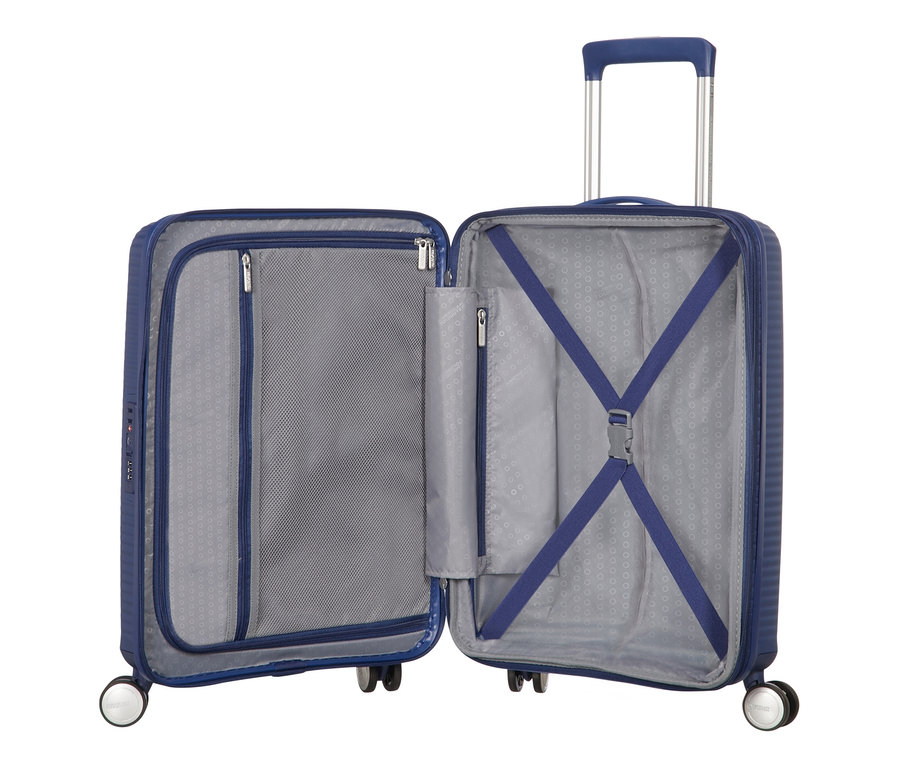 Offener, kleiner American Tourister Hartschalen-Koffer »Soundbox« Spinner in Midnight Navy.