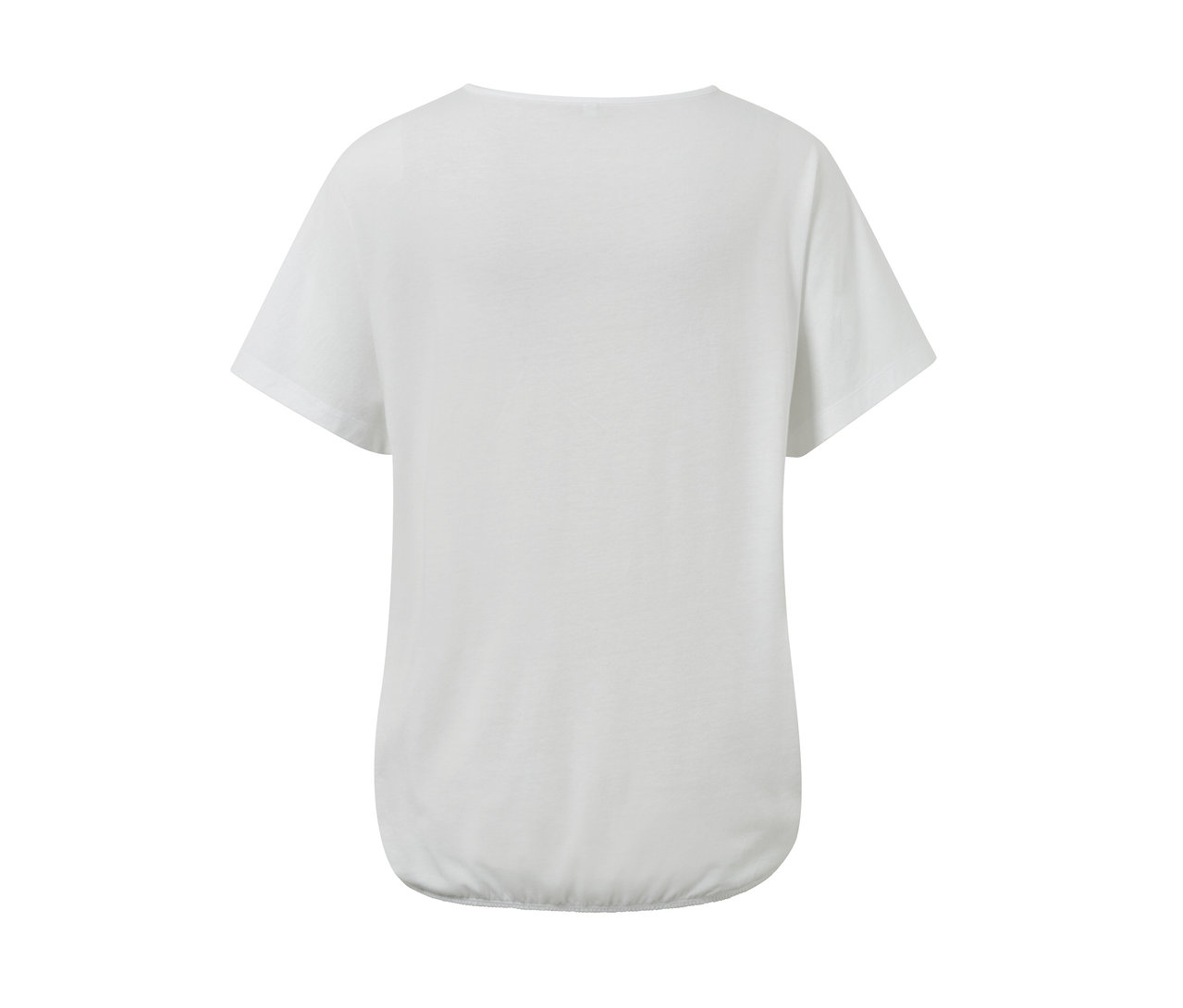 Detailansicht der Rückseite eines weißen Blusenshirts mit Stickerei.