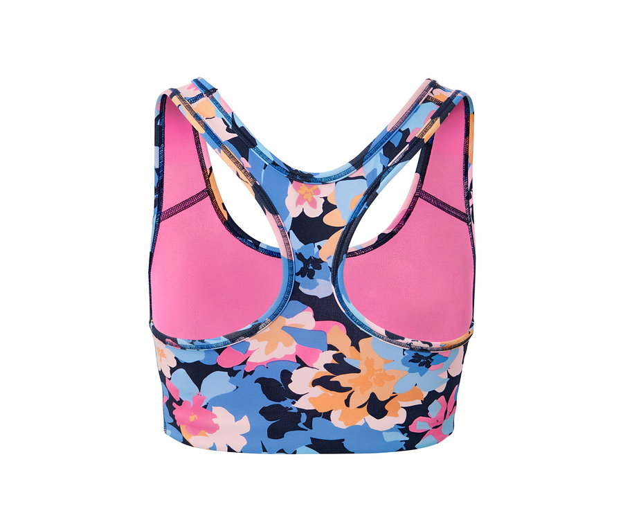Detailansicht eines Sport-Bustiers mit Blumenmuster.