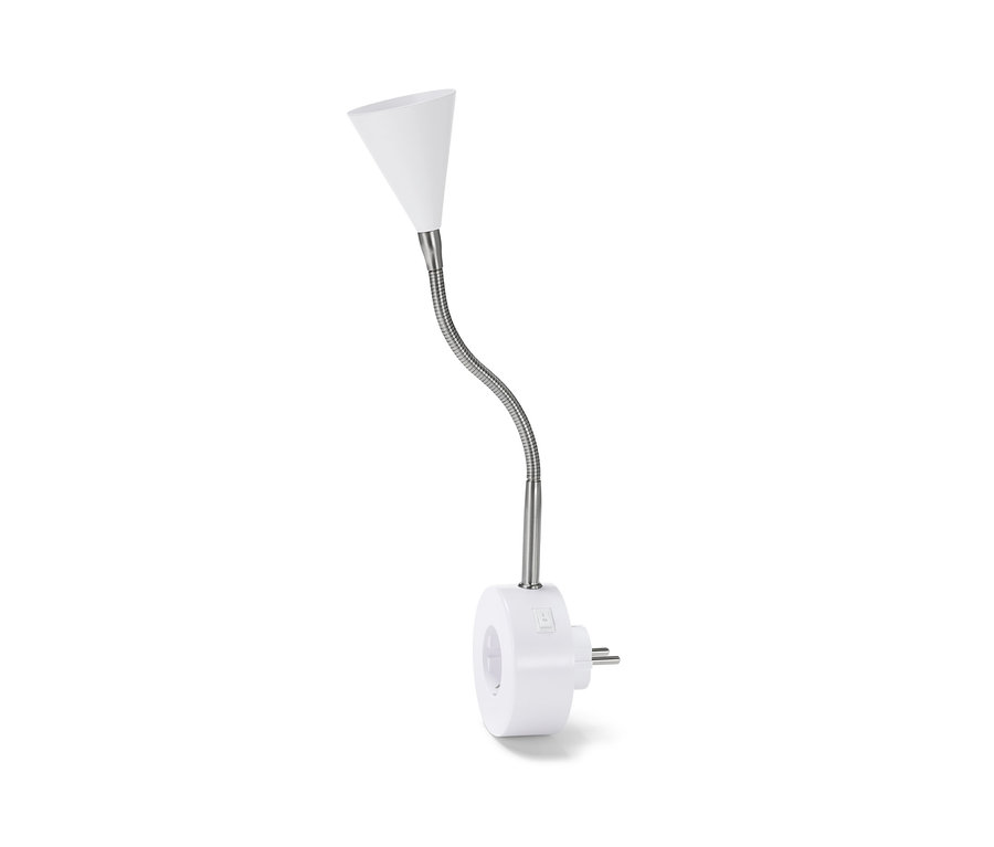 Eine weiße LED-Schwenkleuchte mit Schwanenhals und Stecker.