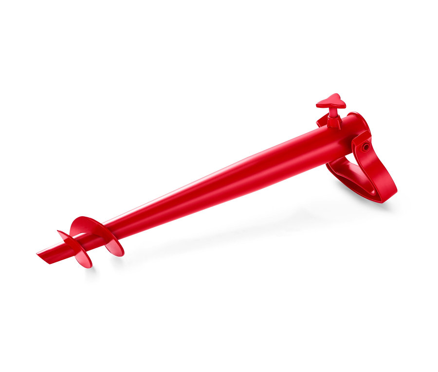 Ein roter Schraub-Sonnenschirmhalter liegt auf weißem Hintergrund.