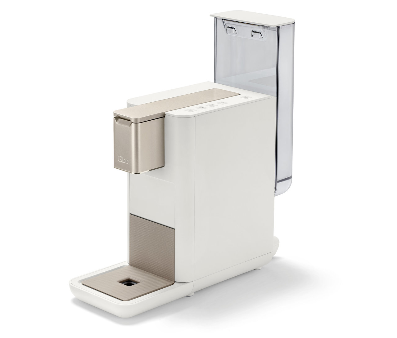 Qbo ICONIC Light Gold Kaffeemaschine auf weißem Hintergrund.