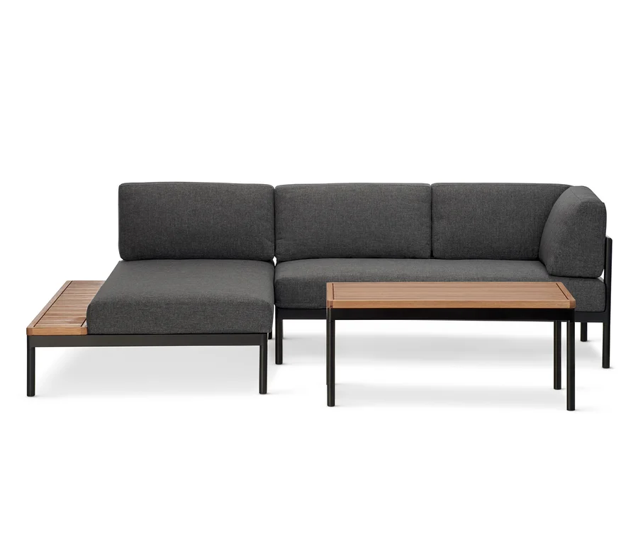 Graue Lounge-Ecke »Elin« mit Premium-Komfort-Kissen und Holztisch.