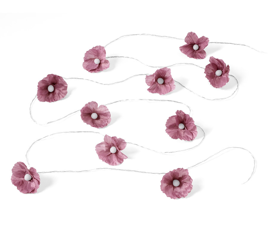 LED-Lichterkette mit Blumen auf weißem Hintergrund.