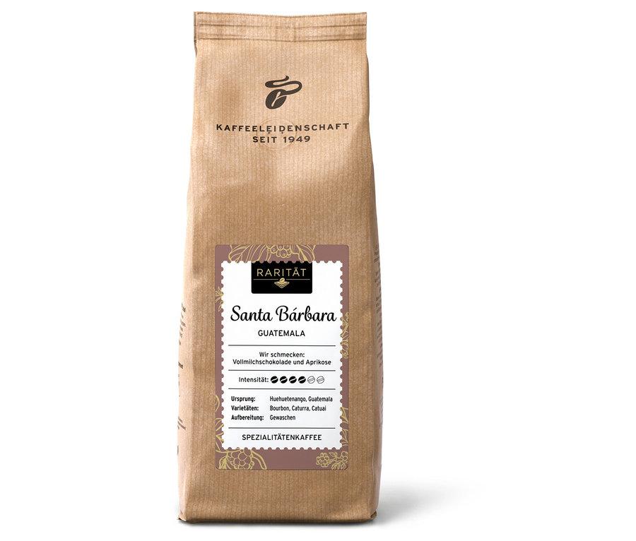 Eine Packung RA TC Rarität Guatemala Kaffeebohnen mit Noten von Vollmilchschokolade und Aprikose.
