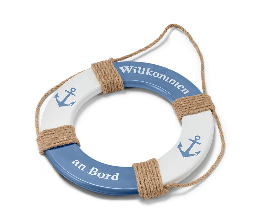 Deko-Rettungsring in blau-weiß mit Kordel.