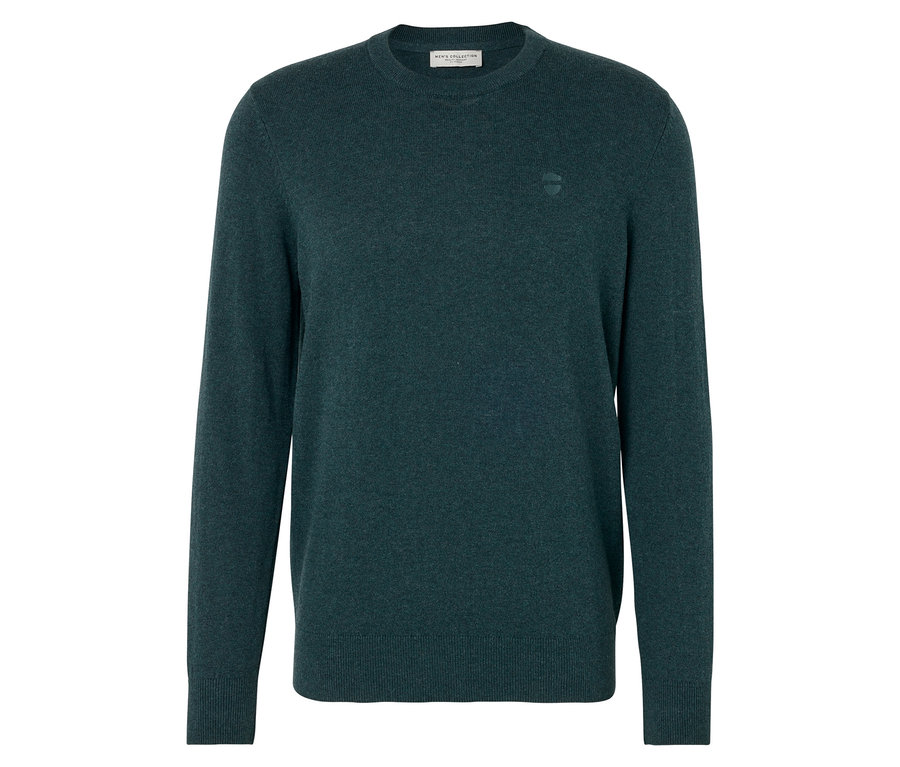 Dunkelgrüner Herrenpullover mit langen Ärmeln.
