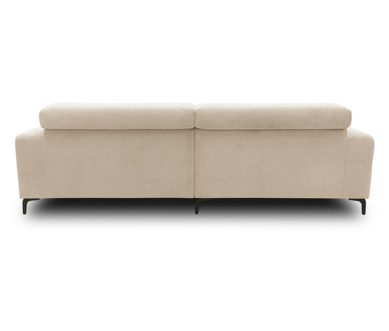 Rückansicht des cremefarbenen DOMO Eck-Schlafsofas mit Hocker, linksbündig.