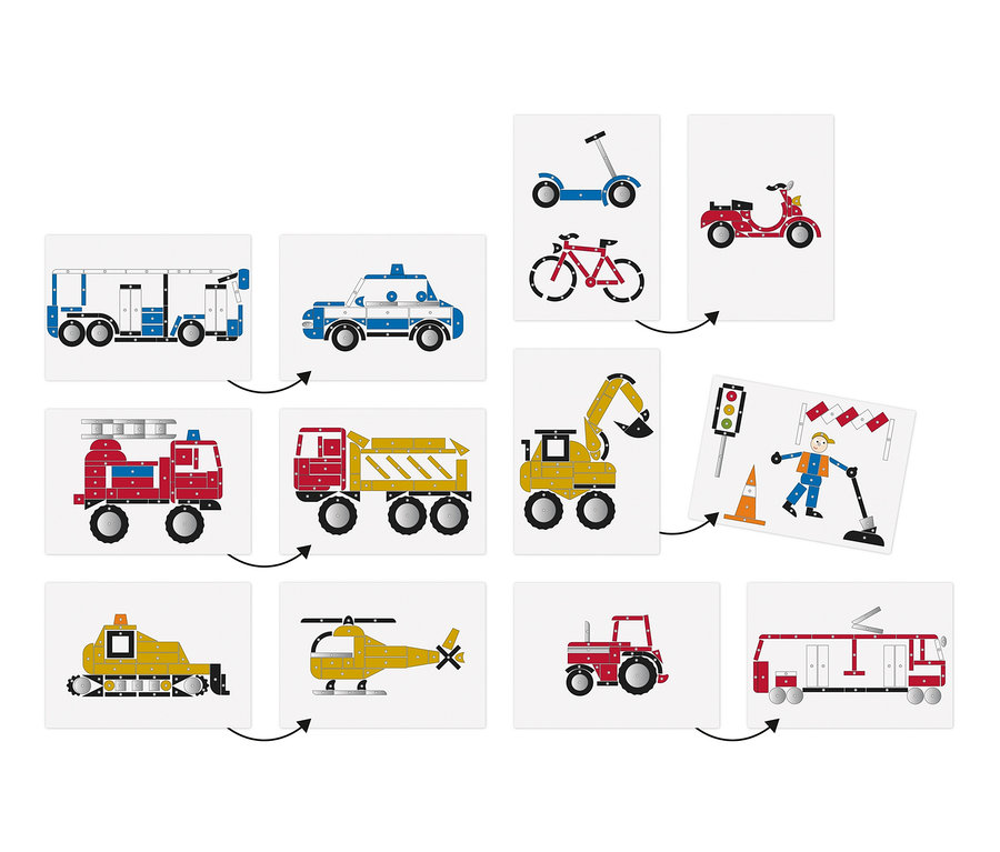 Das Bild zeigt eine Sammlung von Karten mit Illustrationen verschiedener Fahrzeuge, wie z.B. einem Feuerwehrauto, einem Bus und einem Polizeiauto, aus dem small foot Hämmerchenspiel, Fahrzeuge der Stadt.