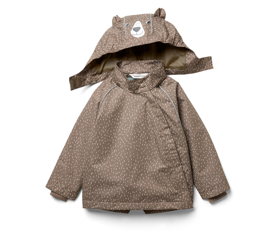 Kinder-Thermo-Regenjacke mit Bärenkapuze, braun mit weißen Tropfen.