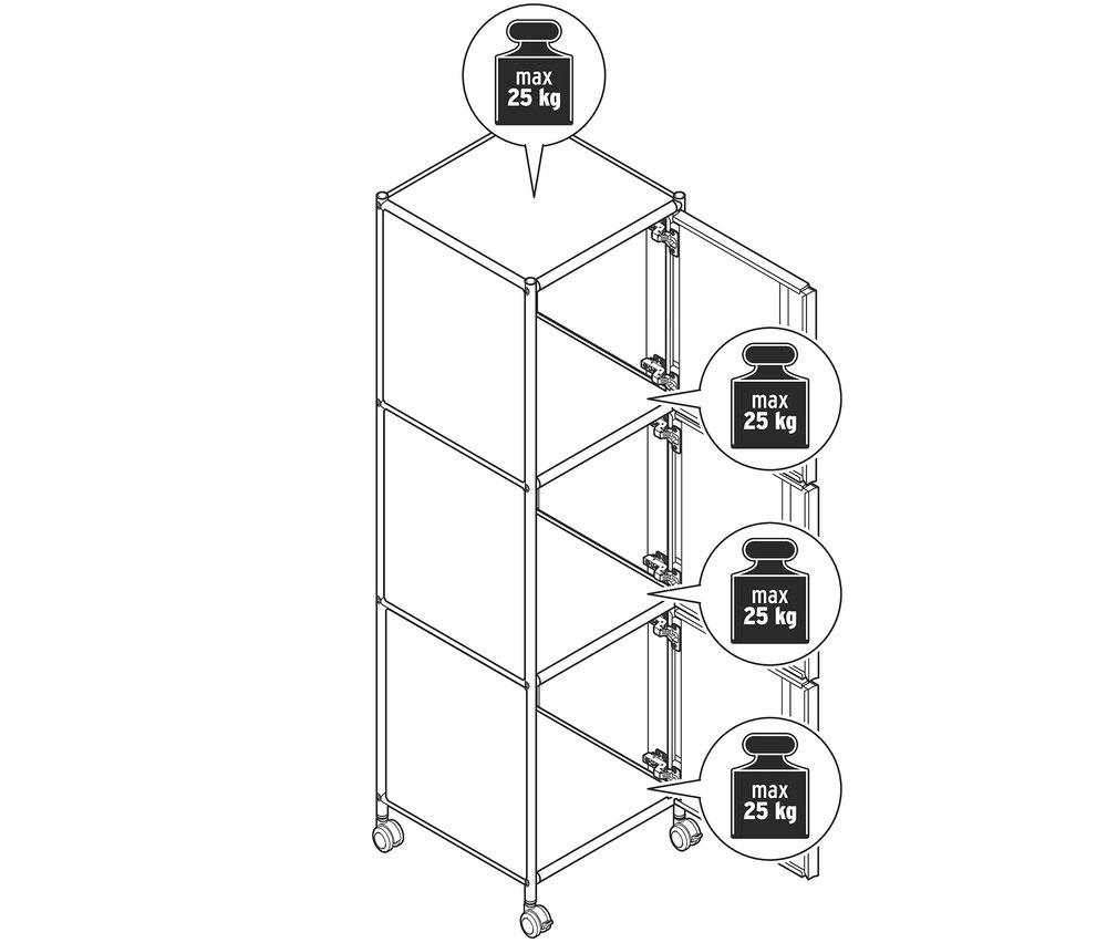 Eine Skizze eines Rollcontainers Metall »CN3« mit 3 Türen, von denen eine offen ist.