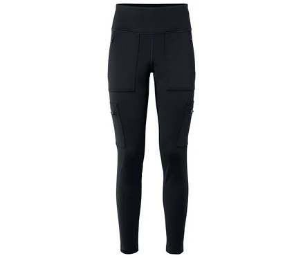 Schwarze Leggings mit Reißverschlusstaschen und Cargotaschen.