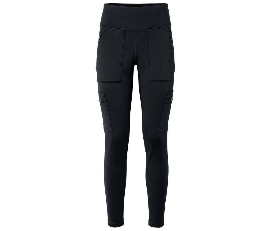 Schwarze Leggings mit Reißverschlusstaschen und Cargotaschen.