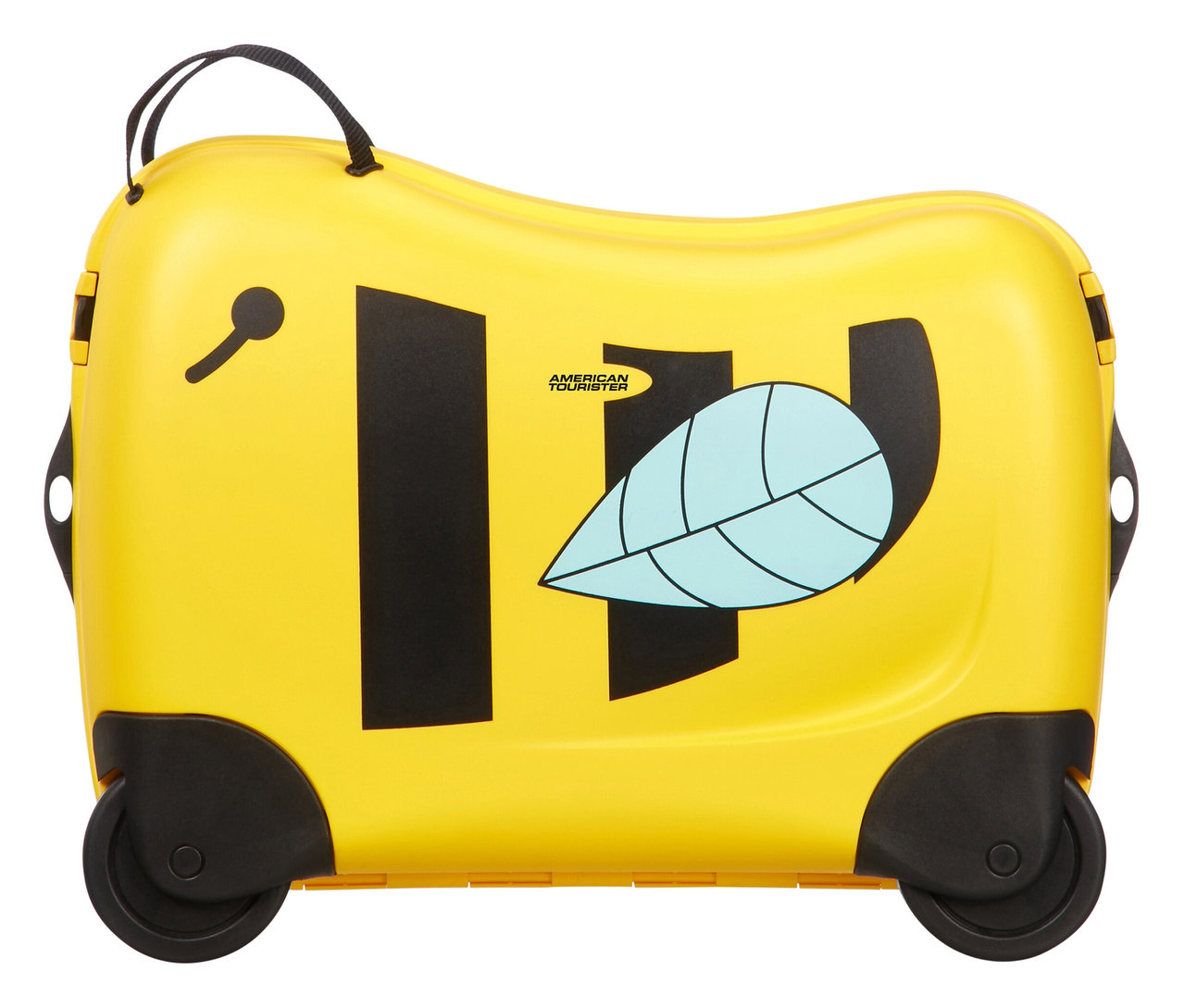 Gelber American Tourister »Funrider« Aufsitzkoffer im Bienen-Design.