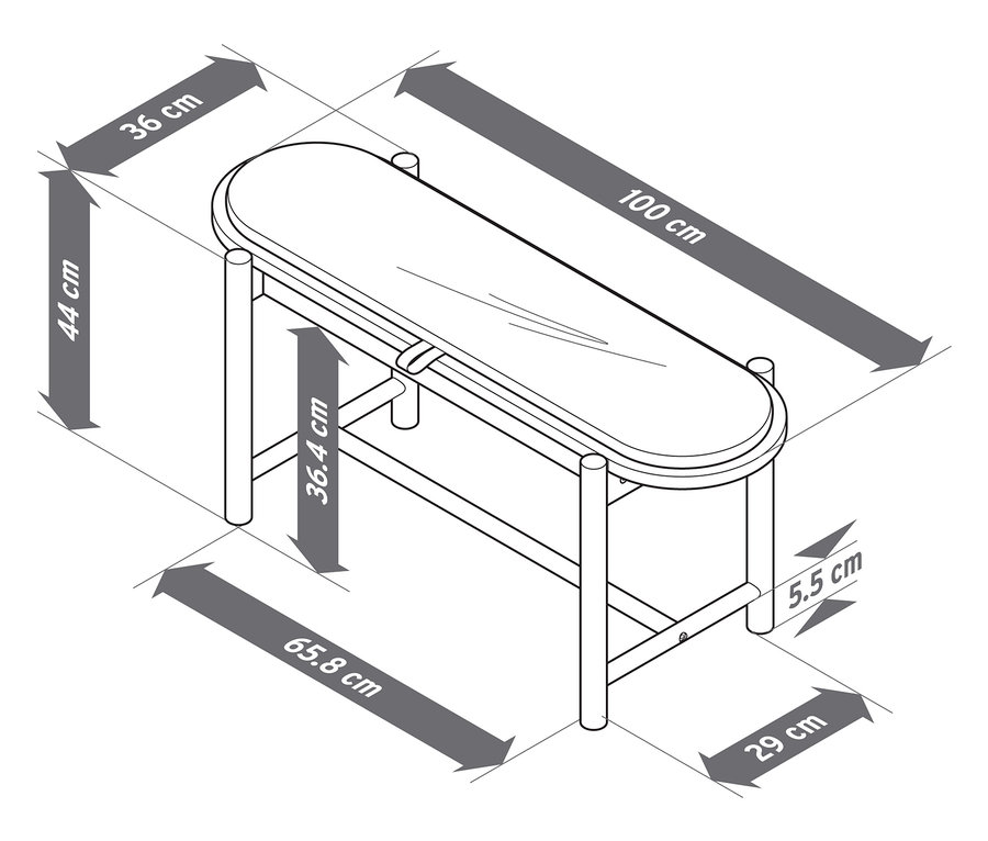 Abmessungen des ovalen Tisches auf vier Beinen sind 100 x 65,8 x 44 cm.