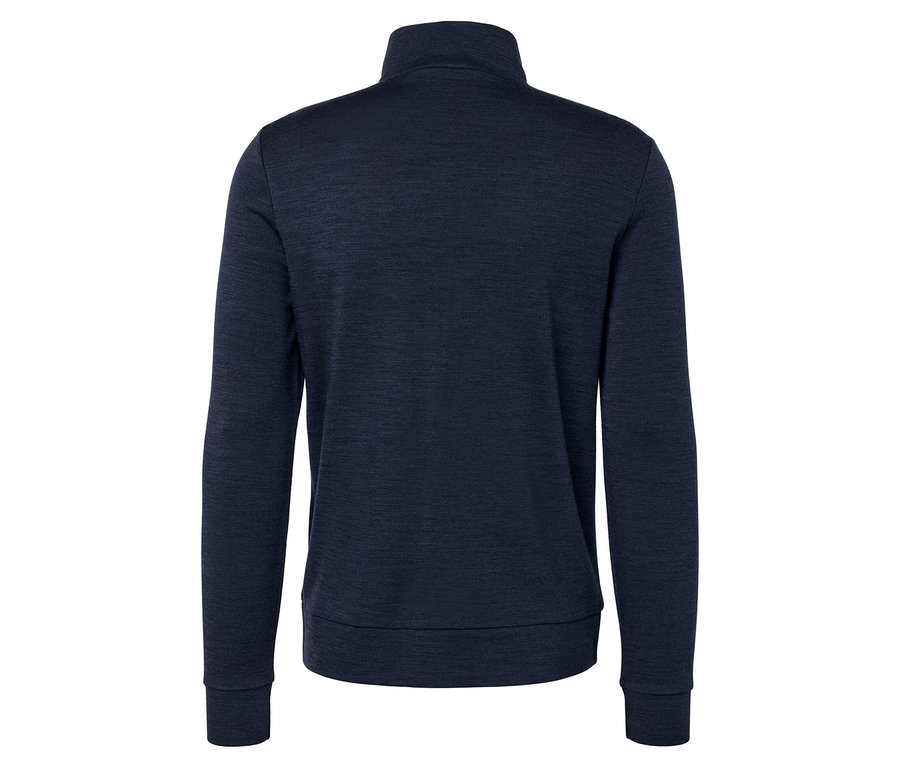 Rückansicht eines dunkelblauen Reißverschluss-Pullovers.