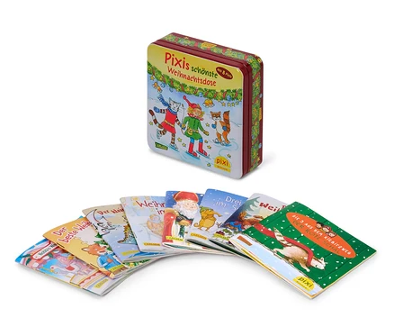 Eine Blechdose mit Weihnachtsmotiven und ein Satz Pixi-Kinderbücher.