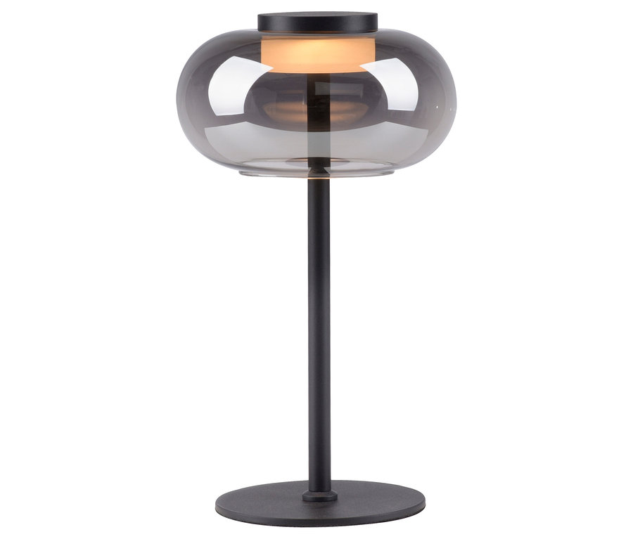Graue Tischleuchte mit Glasschirm und schwarzem Metallfuß.